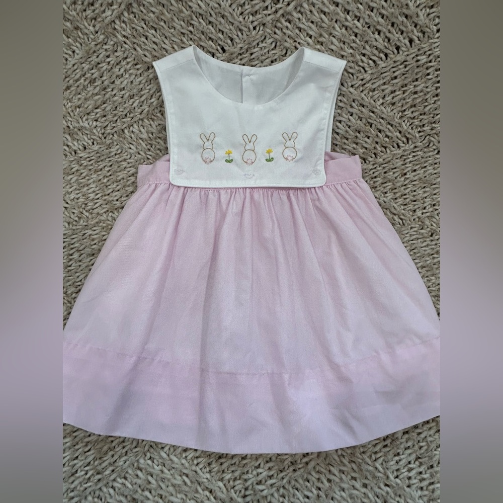 Pink Embroidered Bunny Bib-Front Kids Dress